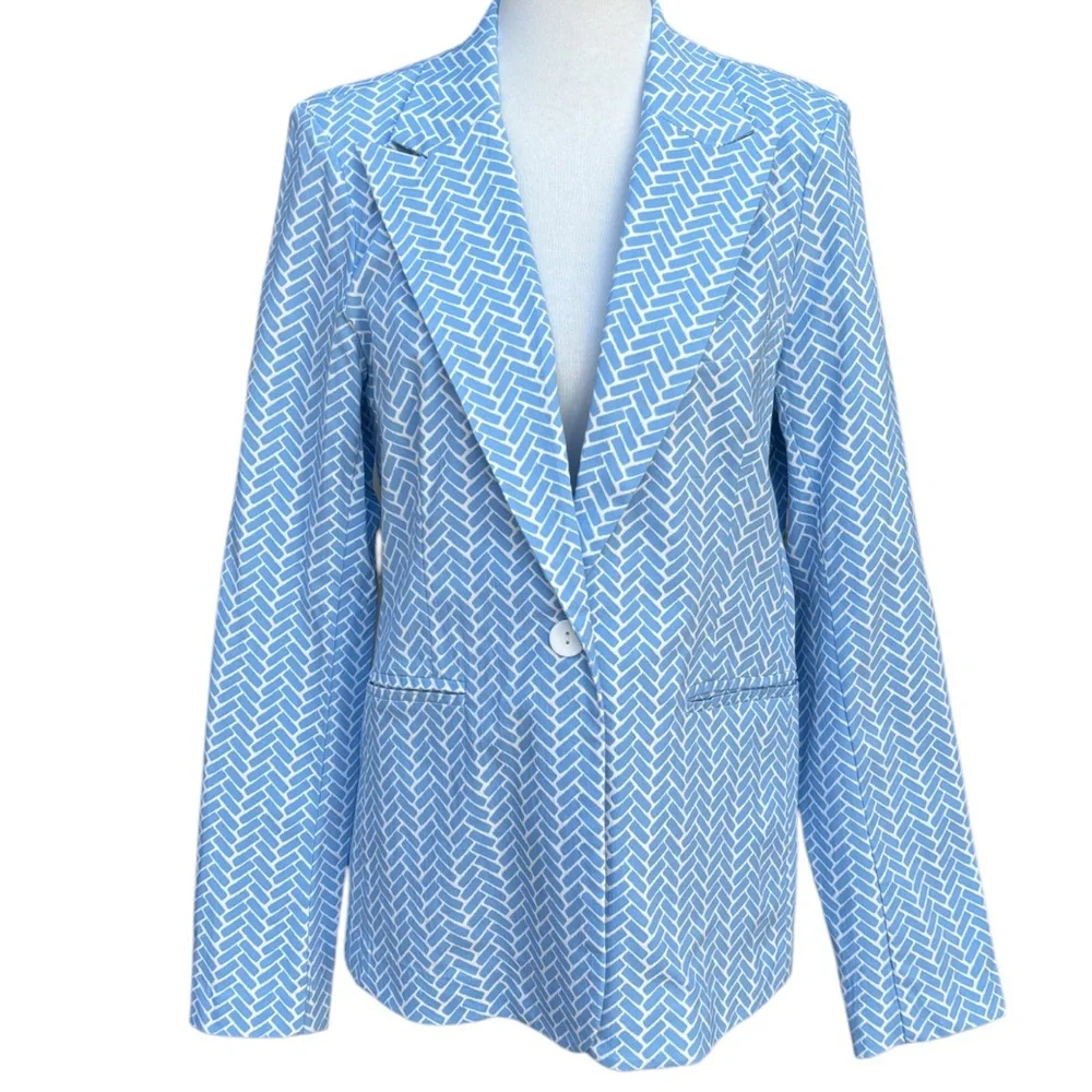 Esqualo Women’s 14 Stretch Block Print Light Blue & White Lightweight Blazer NWT